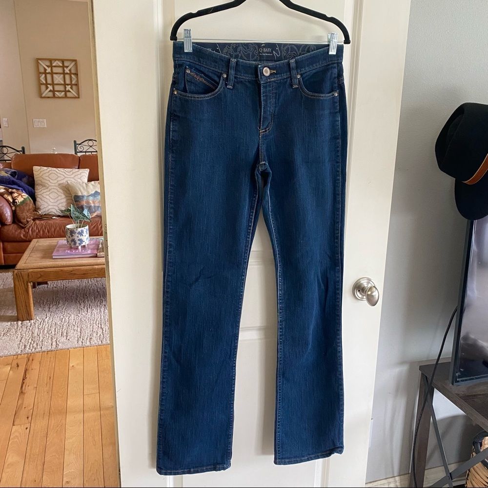 Wrangler Q Baby No Gap Waistband Size 7/8 Stretch Tall Bootcut Jeans Dark Wash